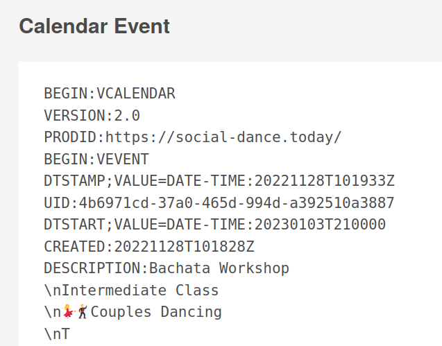 An ICal event for a party on Social Dance Today