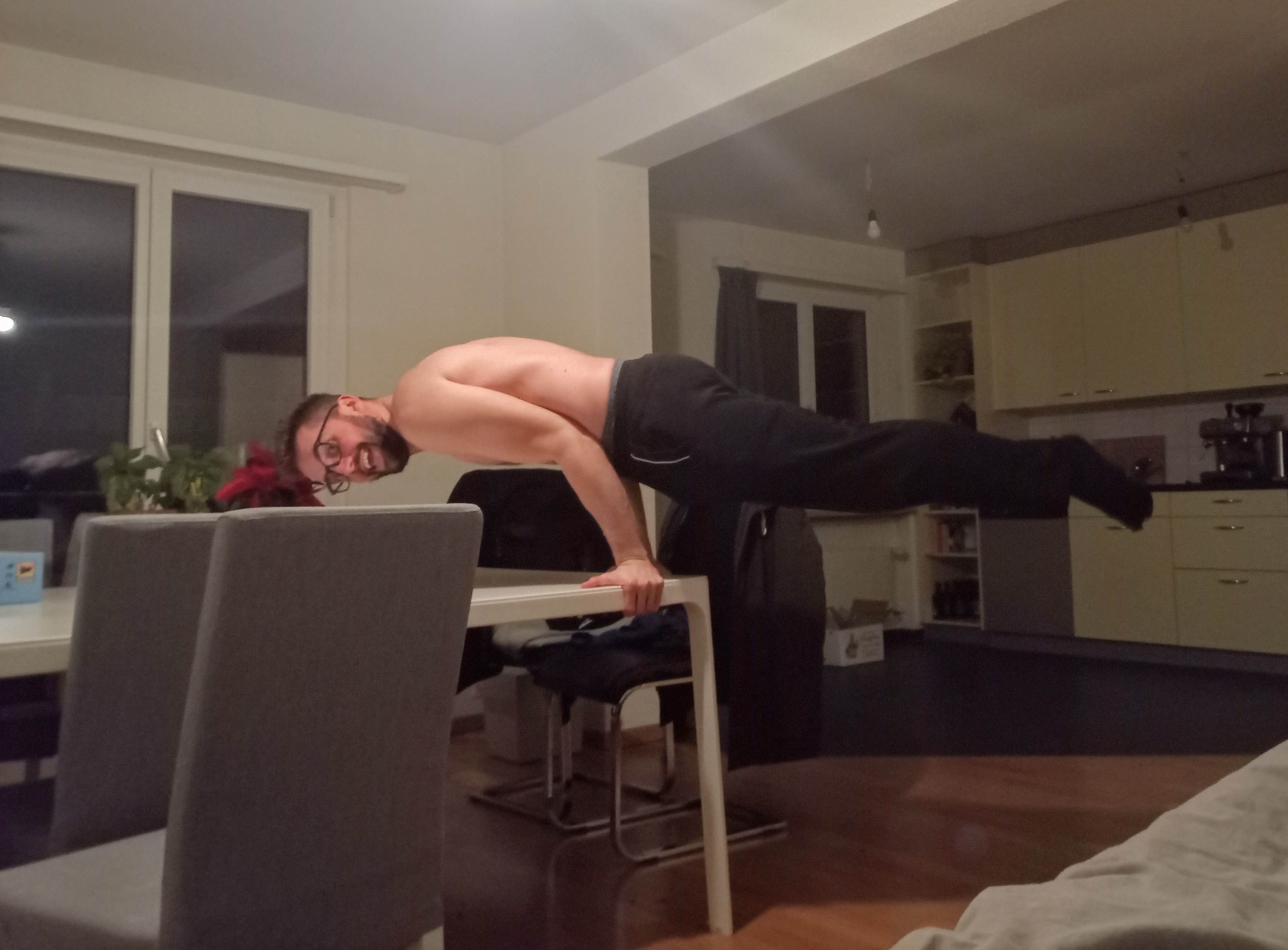 A plank hold on the table